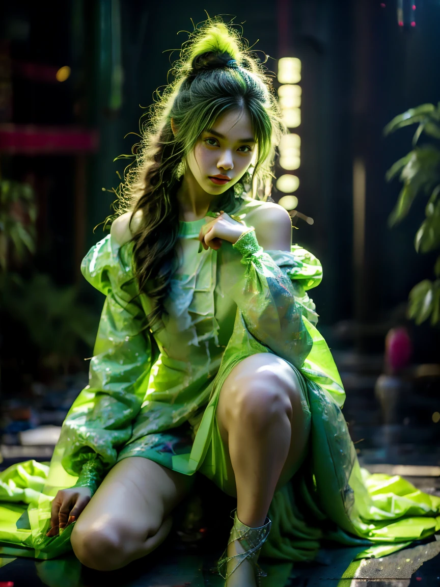 Fille de lapin asiatique, porter une robe vert fluo, texture liquide, cyberpunk, Style Final Fantasy, traits du visage exquis, tenant de la barbe à papa，(coup de genou:1.5)，chef-d&#39;œuvre，meilleure qualité，Haute résolution，8k，photo originale，image réelle，la photographie numérique，(UHD, anatomiquement correct, Peau texturée, précis, primé), 1lltnh1