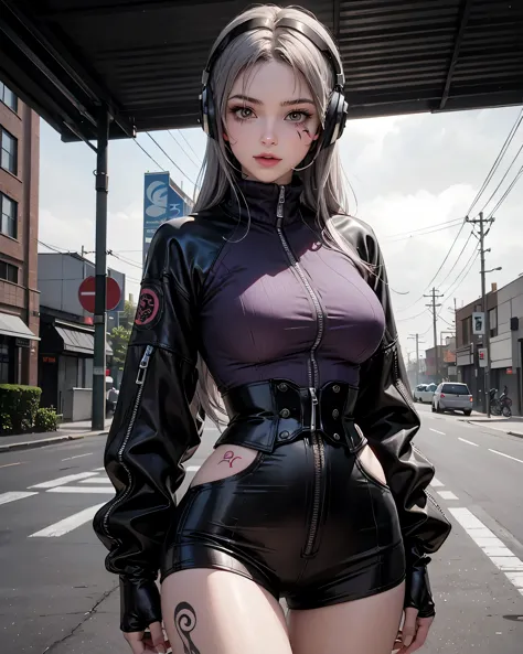 One girl, Gray Hair, Long Hair, Techwear masterpiece, highest quality, Realistic, Dark purple jacket, Portraiture, Fine grain, W...