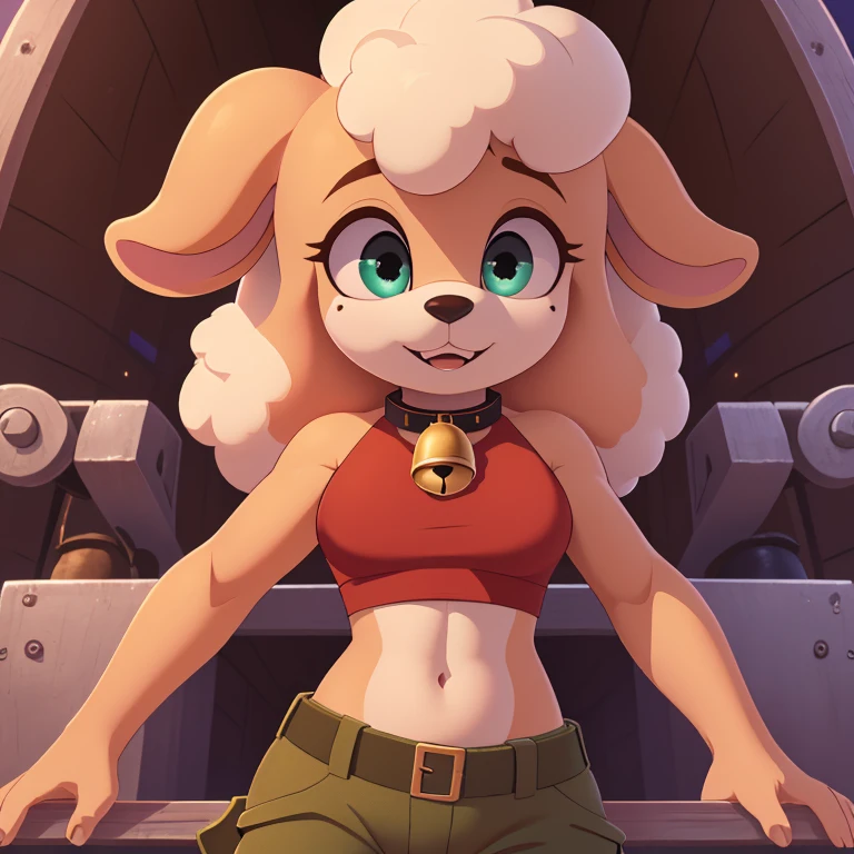 Lanolin the sheep, female anthro, high resolution, beautiful face, beautiful eyes, hyper detailed, Masterpiece, high quality, studio quality, intricate details, 8k, dynamic shot, HD, absurd res, digital media, ((yellow crop top, green cargo pants, bell collar, cute expression))