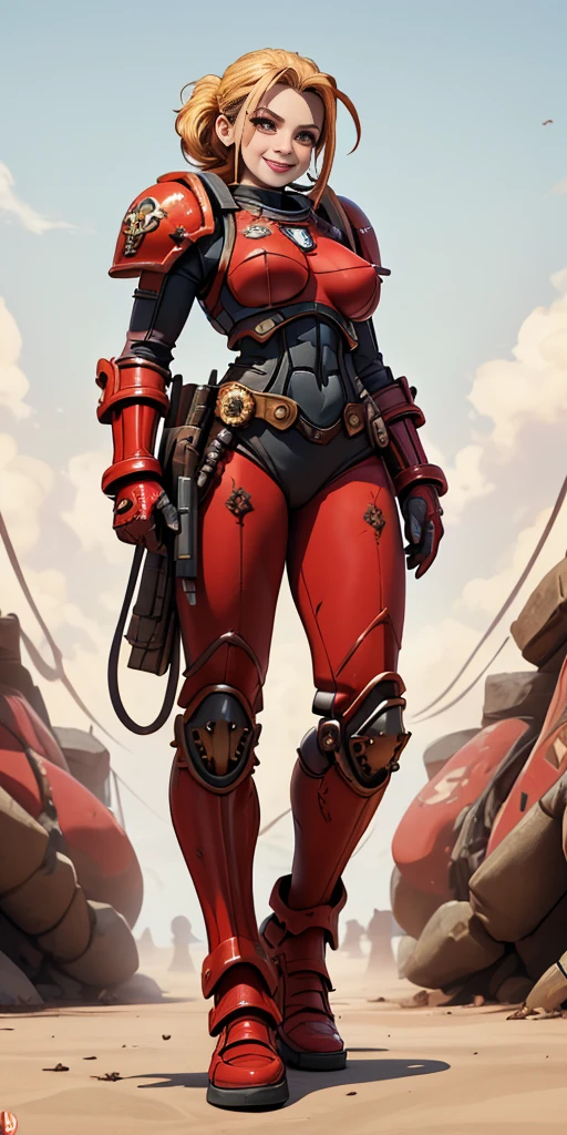 (masterpiece, best quality, 4k, 1girlsolo, 1MILF, mmplatz, smile, red cheeks, plain background:1.2), perfect face, perfect lighting, mature whsororitas with gloves red gauntlets in her hands like Cammy White from Street Fighter, bob white hair, warhammer 40k power armor suit, red eyes like rubies, full body armor, view from below, looking to the viewer