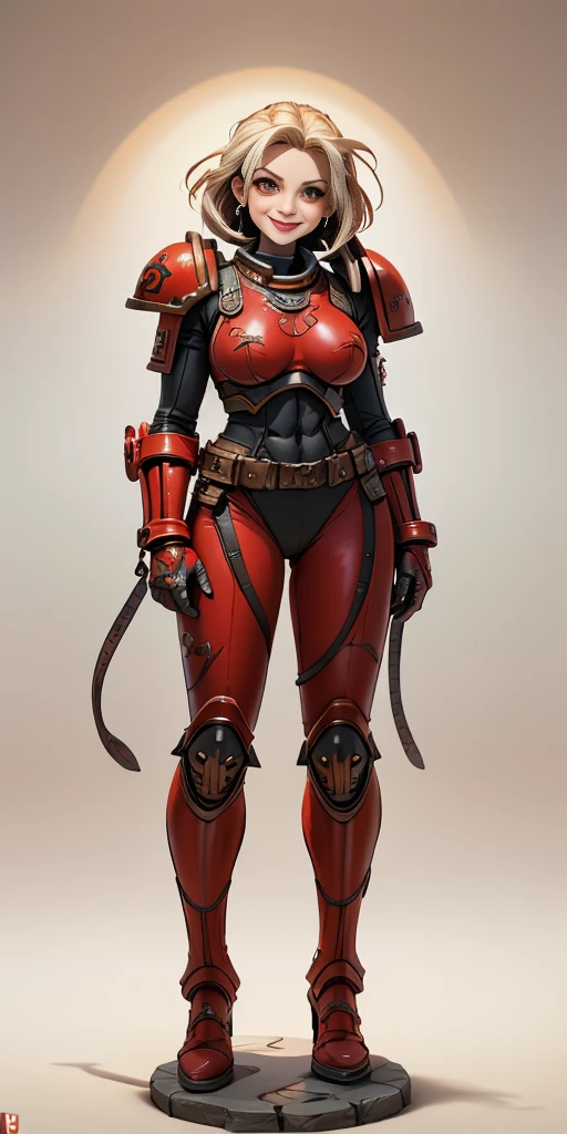 (masterpiece, best quality, 4k, 1girlsolo, 1MILF, mmplatz, smile, red cheeks, plain background:1.2), perfect face, perfect lighting, mature whsororitas with gloves red gauntlets in her hands like Cammy White from Street Fighter, bob white hair, warhammer 40k power armor suit, red eyes like rubies, full body armor, view from below, looking to the viewer