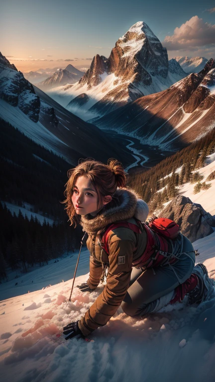 highest quality, masterpiece, Highly detailed background, Majestic Mountain々Back view of a girl climbing a hill, ((Winter mountaineer style clothing)), A person stretching out in the sunlight shining in from the mountaintop, Beautiful landscape in earth tones, A Hopeful Outlook, Expressions that give viewers a gentle feeling, Focus on the landscape、Make portrait smaller..