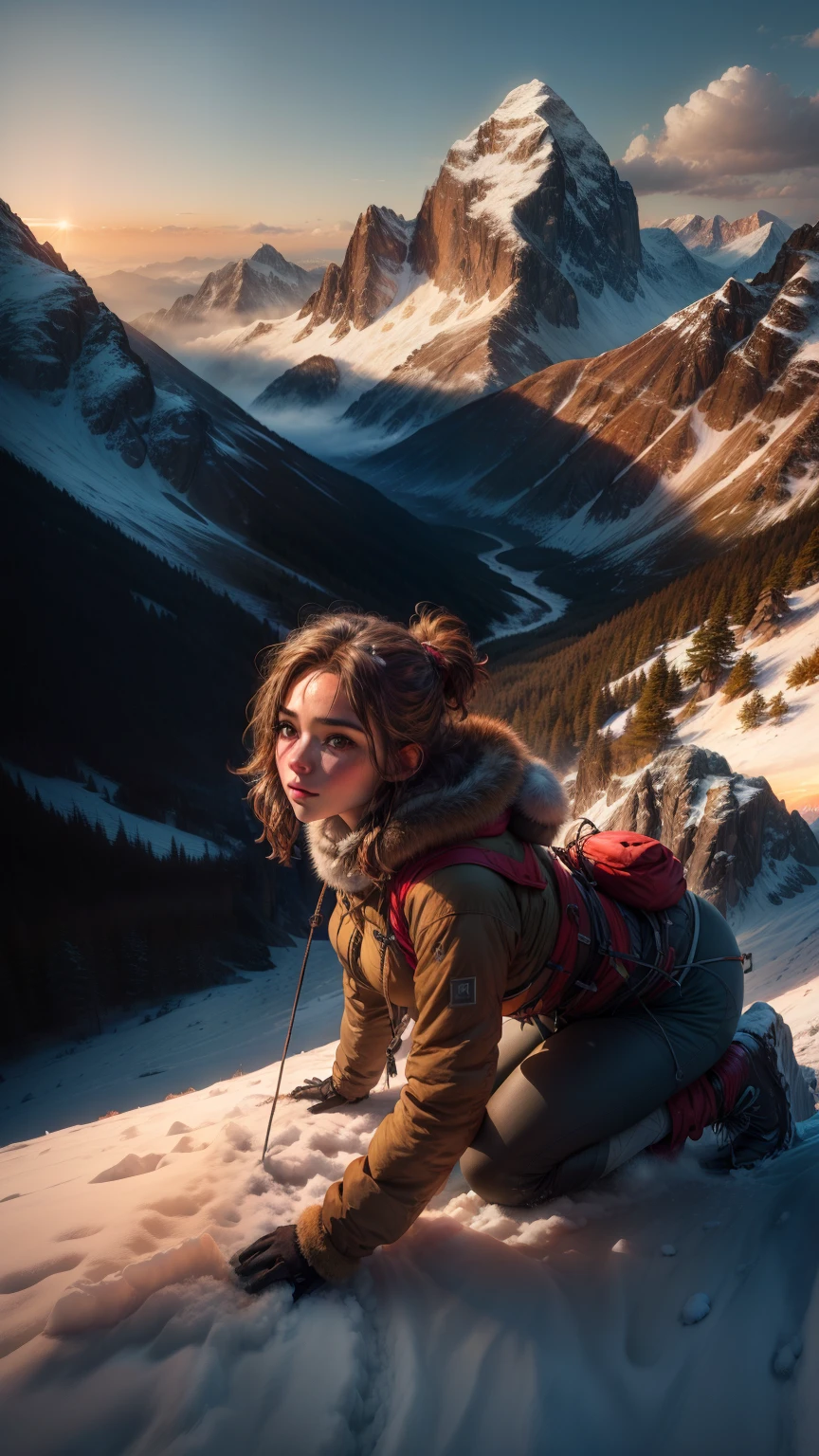 highest quality, masterpiece, Highly detailed background, Majestic Mountain々Back view of a girl climbing a hill, ((Winter mountaineer style clothing)), A person stretching out in the sunlight shining in from the mountaintop, Beautiful landscape in earth tones, A Hopeful Outlook, Expressions that give viewers a gentle feeling, Focus on the landscape、Make portrait smaller..