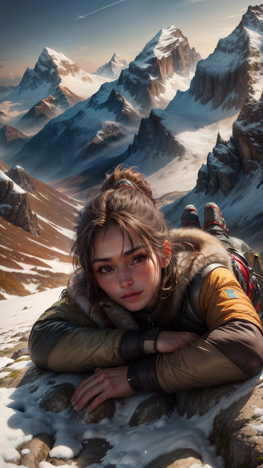 highest quality, masterpiece, Highly detailed background, Majestic Mountain々Back view of a girl climbing a hill, ((Winter mountaineer style clothing)), A person stretching out in the sunlight shining in from the mountaintop, Beautiful landscape in earth tones, A Hopeful Outlook, Expressions that give viewers a gentle feeling, Focus on the landscape、Make portrait smaller..