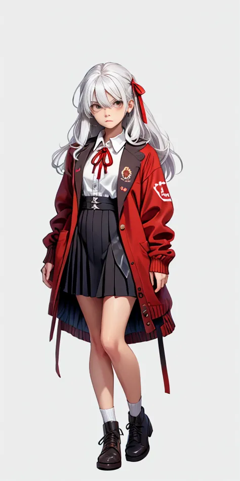 ((casual-style)), 1girl, solo, white hair, shirt, red ribbon, ribbon, looking at viewer, long hair, full body, white eyes, white...