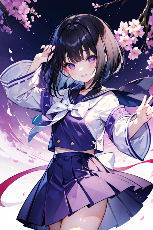 anime風のかわいい女の子,High resolution,Black Hair,Bob,fine,Active,Beautiful purple eyes,smile, A big smile、Short Hair、Light purple eyes、Beautiful eyes、Character portrait、Cute pose、Cute clothes、Sailor suit、Round eyes、Long eyelashes、anime、Shining Eyes、Cute face、楽しいsmile、Fashionable clothes、Simple Background、so beautiful、Active、Black Hair、