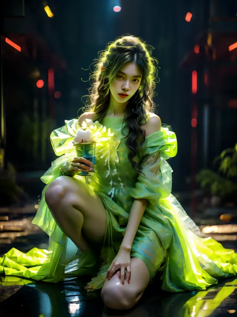 Asian bunny girl, wearing a fluorescent green dress, liquid texture, cyberpunk, Final Fantasy style, exquisite facial features, ...