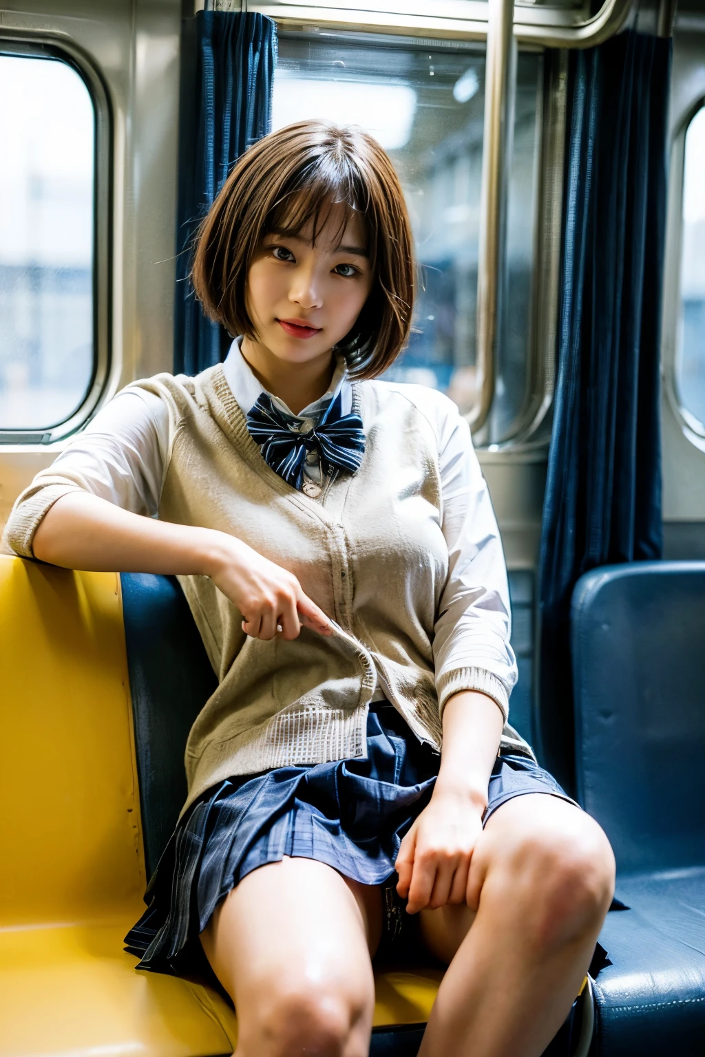 (8K、Raw photo、highest quality、masterpiece:1.2)、(realistic、Photoreal)、1 girl,(High school girl pulls up her skirt on the train and shows off your panties:1.6)、(cute face:1.3)、Japanese 1 girl,(Japan High School Girl)、(1 real high school girl)、(Japan High School Uniforms:1.6),small breasts,perfect skin,detail skin,(cute girl,short hair,Squeezing pussy:1.7)