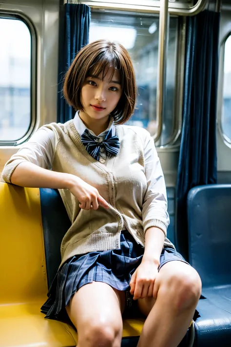 (8K、Raw photo、highest quality、masterpiece:1.2)、(realistic、Photoreal)、1 girl,(High school girl pulls up her skirt on the train an...