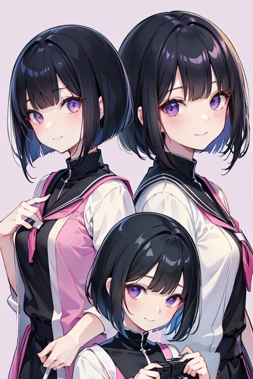 anime風のかわいい女の子,High resolution,Black Hair,Bob,fine,Active,Beautiful purple eyes,smile, A big smile、Short Hair、Light purple eyes、Beautiful eyes、Character portrait、Cute pose、Cute clothes、Round eyes、Long eyelashes、anime、Shining Eyes、Cute face、楽しいsmile、Fashionable clothes、Simple Background、so beautiful、Active、Black Hair、Playing a game、Have a controller、looks fun