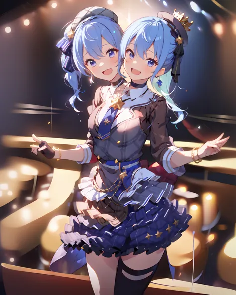 (masterpiece, best quality), best resolution, (2heads:1.5), dynamic angle, 1girl, hoshimachisuisei, side ponytail, blue hair rib...