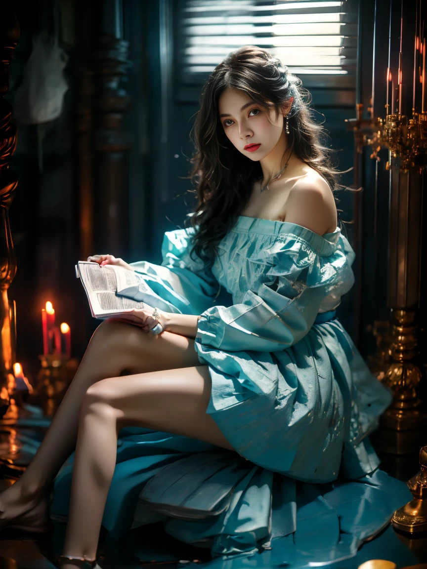 girl sitting on newspaper，Style is light silver and dark blue，synchronized，Kawaii，blink-and-you-miss-it detail，dark cyan and light crimson，Wave，Subtle tones，(Knee Shot:1.5)，masterpiece，best quality，high resolution，8K，original photo，real picture，Digital Photography，(UHD, anatomically correct, textured skin, ccurate, award winning), 1lltnh1