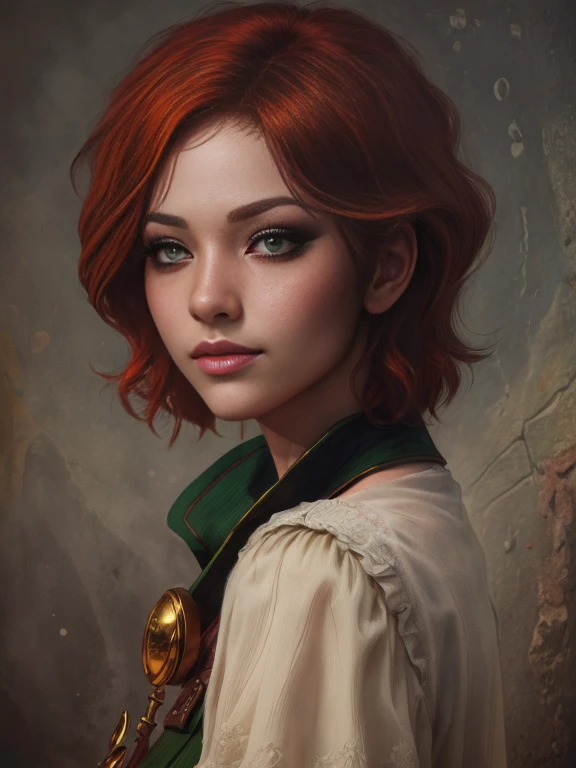 (masterpiece, top quality, best quality, official art, detailed:1.2), shaniW3, 1girl, solo, short hair, green eyes, lips, freckles, realistic, red hair   