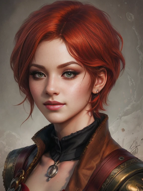 (masterpiece, top quality, best quality, official art, detailed:1.2), shaniW3, 1girl, solo, short hair, green eyes, lips, freckles, realistic, red hair   