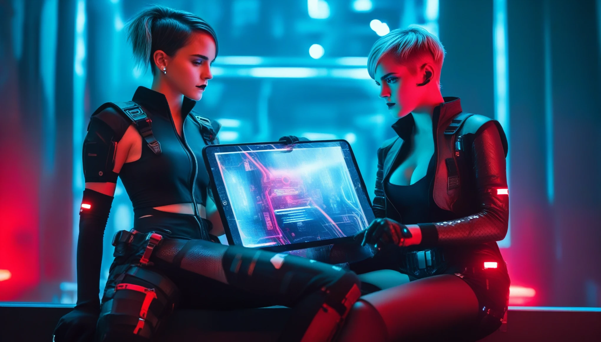 Duas jovens hackers sentadas em um espaço hacker cyberpunk com grandes janelas em uma metrópole cyberpunk de frente para o espectador, braço direito apoiado na cintura, braço esquerdo estendido para frente segurando um tablet inteligente transparente, corte de cabelo curto prateado e branco com corte inferior, pele imaculada, olhar pensativo em seu rosto, suor na pele, lábios carnudos, seios pequenos, pernas cruzadas, Armadura ciberpunk de corpo inteiro preta e vermelha com intrincado padrão hexagonal, colete utilitário sintético com computador vestível conectado, cinto utilitário de couro preto com multímetro e algumas sondas anexadas, botas de látex pretas de cano alto, luvas de corte, Sem maquiagem, unhas naturais, Emma Watson, edgFut_roupas, néon, circuitos elétricos