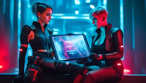 Two young female hackers sitting in a cyberpunk hackerspace with large windows in a cyberpunk metropolis facing the viewer, righ...