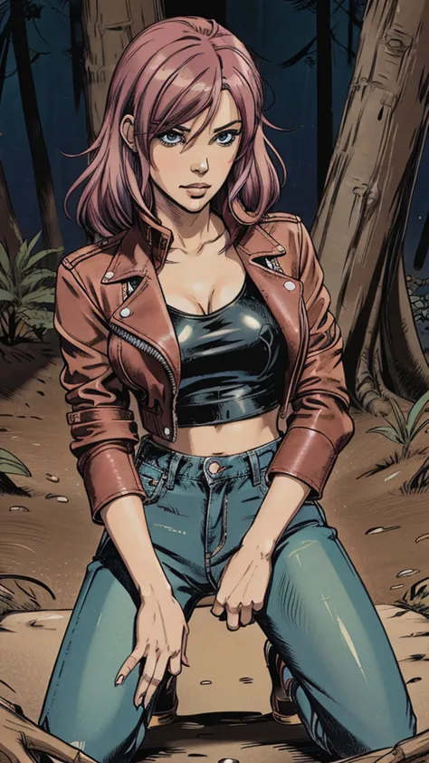 vector image, 2d cartoon,masterpiece, An anime woman,colored hair, blush,jeans, leather biker jacket, blouse, sensually touch he...
