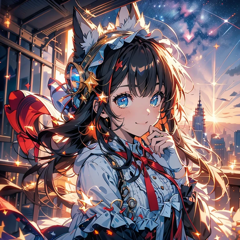 cute ruffle dress, Fine frills, ribbon, cat ears hooded cape, red hood, put the hood over your head, horizontal striped overknee socks, platform boots, Lunch basket, naughty smile, detailed face and eyes, masterpiece, highest quality, Super detailed, starry sky, night view, sunset,brown hair.(Mossy buildings),(collapsed cityscape),