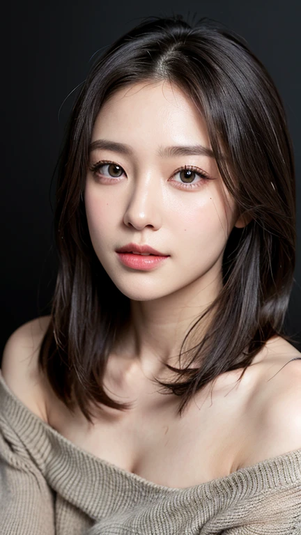 (((Close-up of face)))、(((Absolutely shoulder-length brown straight short bob)))、(((She is posing like a hair salon model, with a black wall indoors as the background.)))、(((Casual black winter long sleeves with shoulders covered)))、Half Japanese, half Korean、18 year old girl、Standing Alone、Looking forward、Light eye makeup、Brown Hair Color、Flat and 、Hair blowing in the wind、Actress Quality、Glossy, ultra-realistic face、Smiling face、Watery eyes、Gazing Up、Subtle lighting effects、 Ultra-Realistic Capture、Very detailed、High resolution 16K close up of human skin。Skin texture must be natural、The details must be such that pores can be clearly seen、The skin is healthy、Uniform tone、Use natural light and colors、A worn-out, high-quality photo taken by a model agency&#39;s in-house photographer.、smile、(((SIGMA 300 mm F/1.4,1/1000 sec shutter,ISO 400))) 