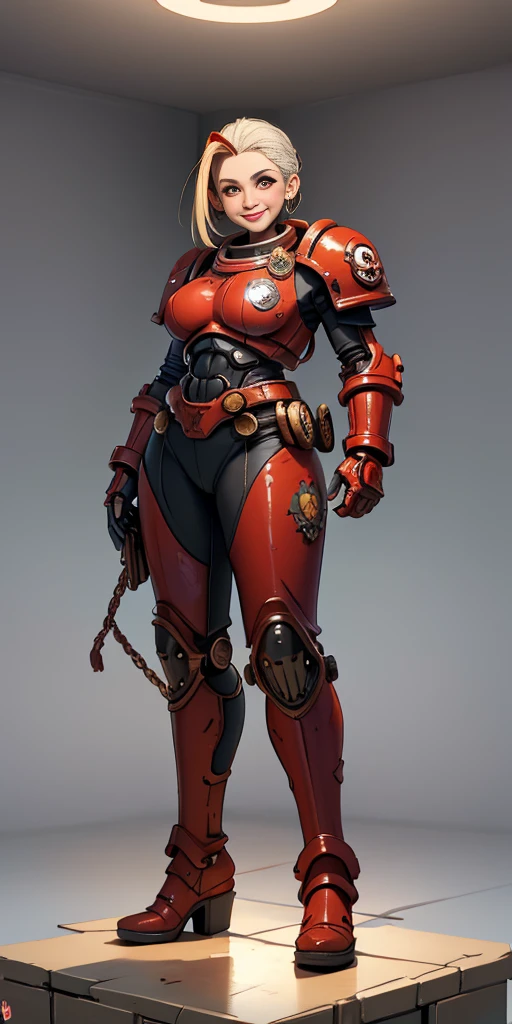 (masterpiece, best quality, 4k, 1girlsolo, 1MILF, mmplatz, smile, red cheeks, plain background:1.2), perfect face, perfect lighting, mature whsororitas with gloves red gauntlets in her hands like Cammy White from Street Fighter, bob white hair, warhammer 40k power armor suit, red eyes like rubies, full body armor, view from below, looking to the viewer