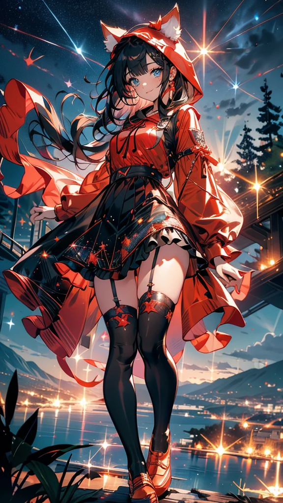 cute ruffle dress, Fine frills, ribbon, cat ears hooded cape, red hood, put the hood over your head, horizontal striped overknee socks, platform boots, Lunch basket, naughty smile, detailed face and eyes, masterpiece, highest quality, Super detailed, starry sky, night view, sunset,brown hair.(Mossy buildings),(collapsed cityscape),