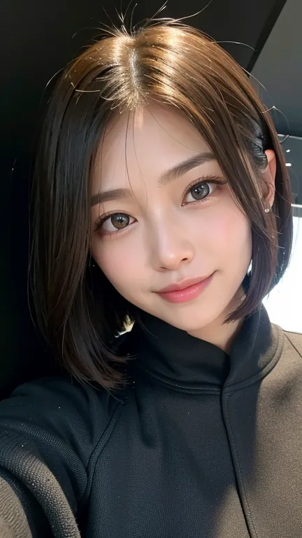 (((Close-up of face)))、(((Absolutely shoulder-length brown straight short bob)))、(((She is posing like a hair salon model, with ...