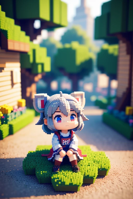 Voxels,(Arte 3D Big Pixel),(arte pixelada 3d),pixels grandes,Sozinho,1 mulher\(chibi,bonitinho,kawaii,8 anos de idade,criança pequena,cabelo grisalho,cabelo flutuando,cabelo com cauda dupla,Pele branca,você sente a pele,Roupas rasgadas,grandes camisas estampadas cinza,olhos vermelhos,olhos grandes,orelha de rato,seios,sorriso pretensioso,sentado\),(arte pixelada 3d),(arte pixelada 3d),(arte pixelada 3d),Fundo\(Simples,bonitinho\)