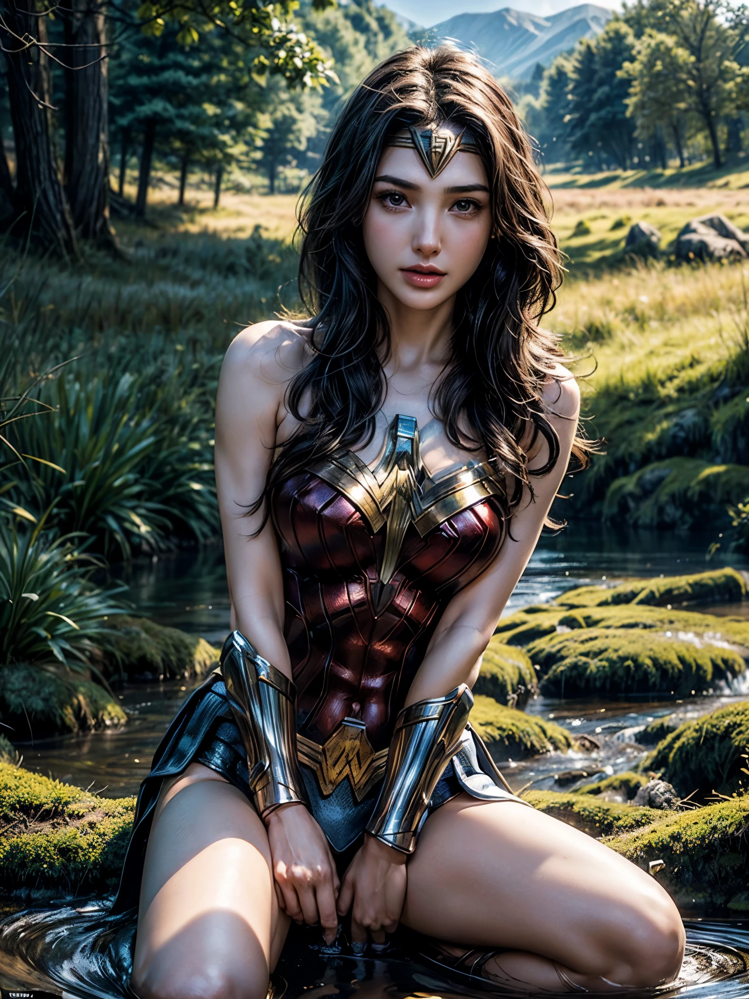 Gal Gadot, El tamaño de sus senos es copa M., cuerpo completo, ella muy sexy, ella tiene un cuerpo perfecto, ella tan bellamente,ella tiene buenos ojos,ella esta llena de encanto, sus poses son hermosas, de cerca,(((Traje de mujer Woder))), Mujer Maravilla de DC Comics,8K,cara correcta,Hermoso rostro,una hermosa vista,Ojos chispeantes,((Fotografía de medio cuerpo)), ((de cerca)) (Retrato)) Busto,en medio de la naturaleza,El sol brilla,campo verde,montaña,bosque,arroyo