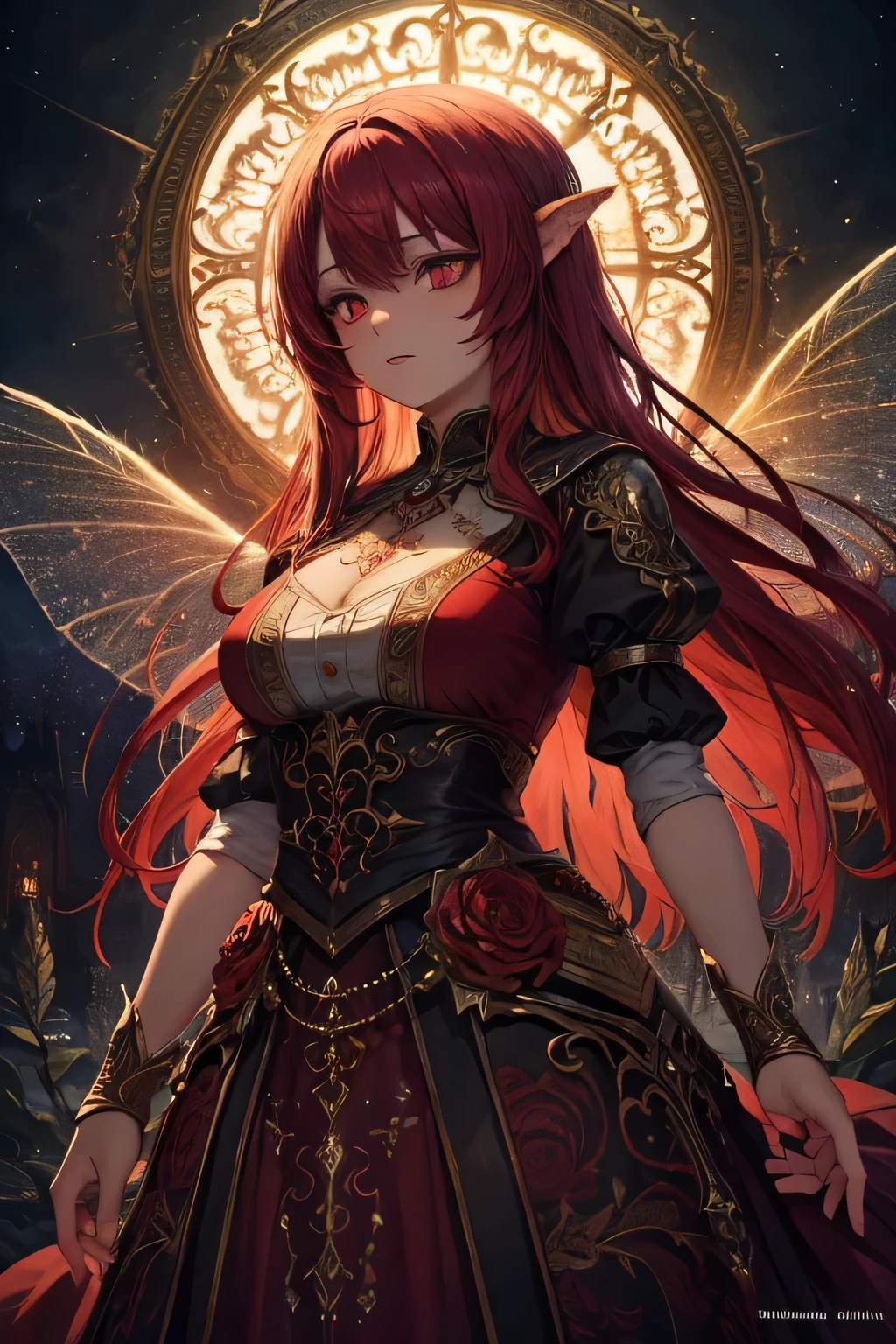 (best quality,ultra-detailed,realistic),fada vermelha, vibrant colors, intricate details, ornate patterns, fantasy, mystical, magical, ethereal, enchanting, whimsical, fairy, wings, flowing red hair, glowing aura, glowing eyes, delicate features, floral motifs, gold accents, shimmering fabric, nature-inspired designs, surreal atmosphere, dreamlike, otherworldly lighting, enchanted forest background, captivating, fantastical, rich textures, dramatic composition, masterful artistry, mesmerizing beauty, evocative