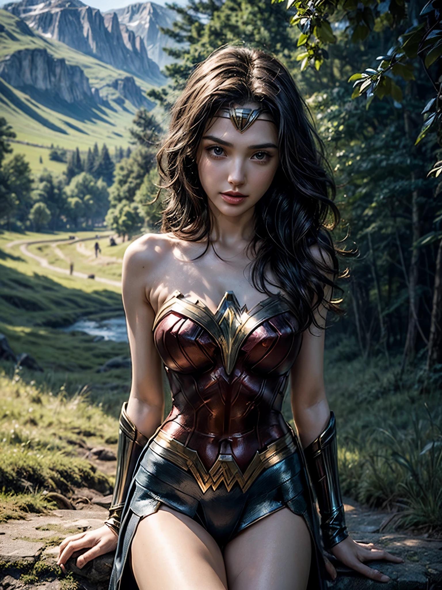 Gal Gadot, She breast size is M cup, full body, she very sexy, she have perfect body, she so beautifully,She have good eyes,She is full of charm, her poses are beautiful, close up,(((Woder Woman outfit))), Wonder Woman 
from DC Comics,8k,correct face,beautiful face,A beautiful sight,sparkling eyes,((Half body photograph)), ((close up)) (portrait)) bust,In the middle of nature,The sun shines,green field,mountain,forest,stream