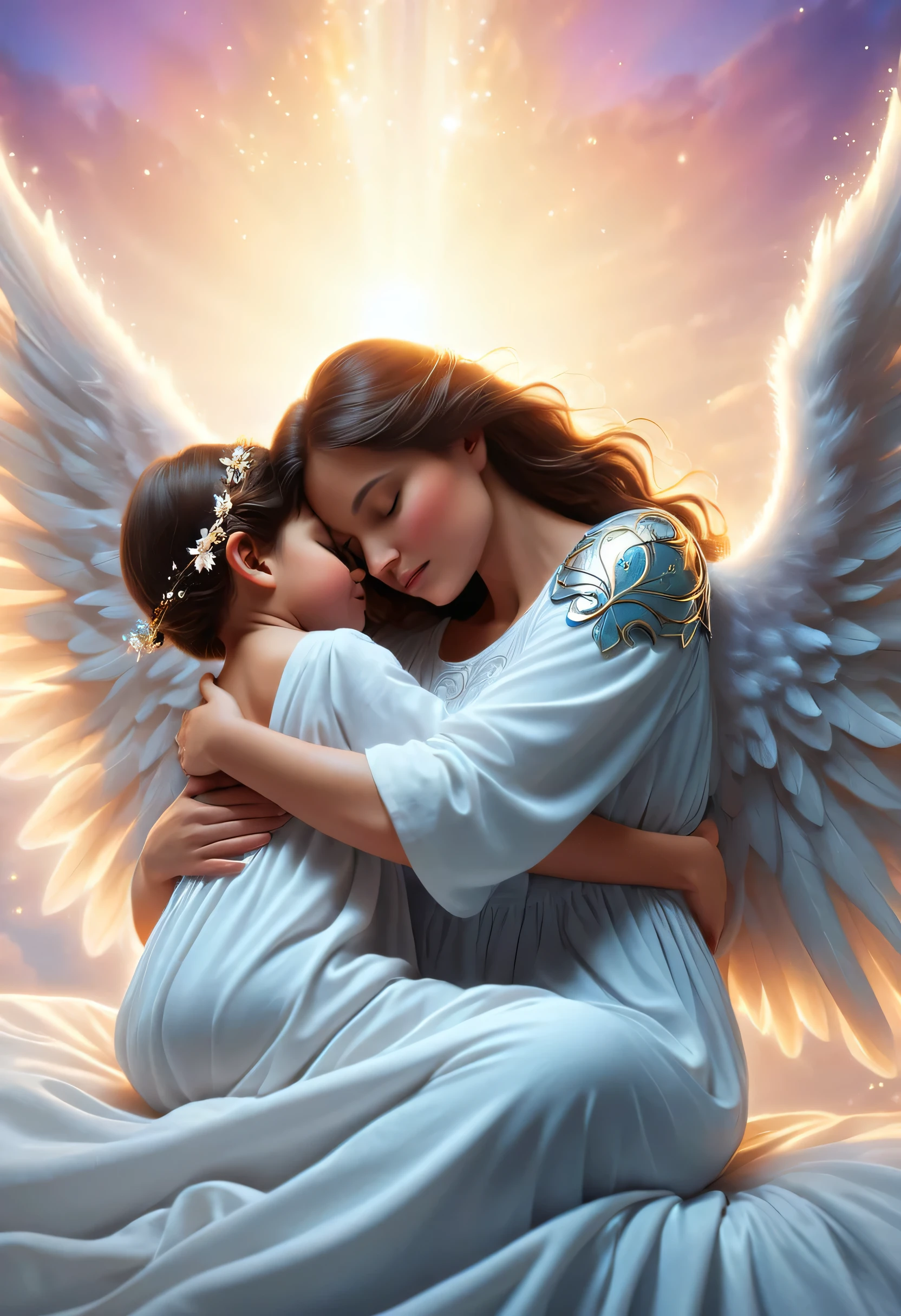 (best quality,4k,highres),mother and  sleeping,angel protector,peaceful atmosphere,soft lighting,tender bond,serene,watchful eyes,sleeping innocence,motherly love,angelic wings,lullaby in the air,blissful dreams,calm and soothing,angelic presence,guardian spirit,eternal love,protective embrace,gentle touch,peaceful sleep,tranquil scene,luminous glow,ecstasy of slumber,supreme serenity,dreamlike warmth,unconditional love,cherished moments,safe and secure,heavenly protection,mother's touch,sacred connection,celestial guardian,eternal bond,inner peace,mother's love,heavenly peace,everlasting serenity