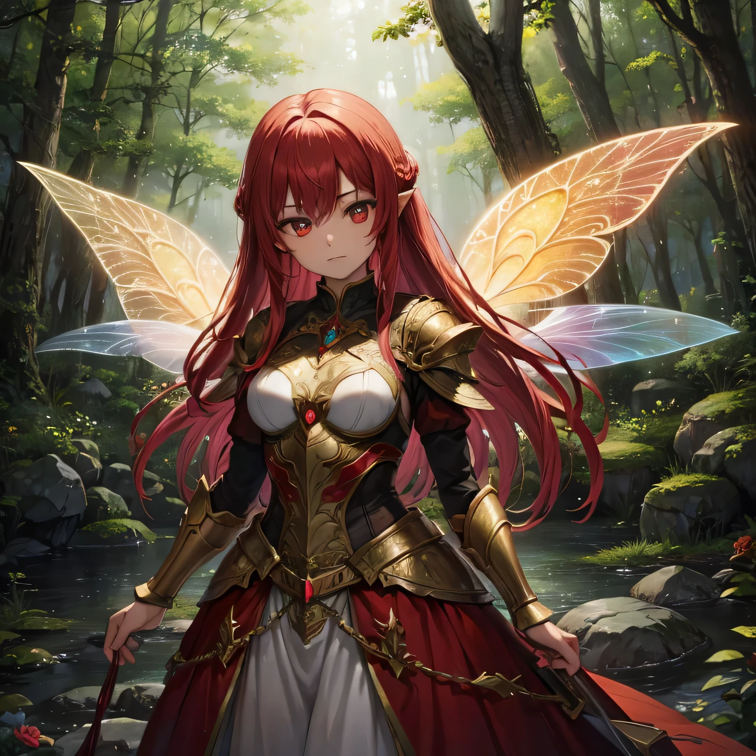 A red fairy with black and red armor

(highres, vivid colors:1.2), ultra-detailed fairy with a vibrant red outfit and intricate black and red armor, stunning wings that shimmer with crimson hues, elaborate patterns on the armor that add depth and realism to the image, shiny metal surfaces that catch the light, realistic textures on the fabric of the fairy's clothing, intricate embroidery and gemstones on the armor, the fairy's graceful pose and confident expression, magical sparks and glowing aura surrounding the fairy, a enchanted forest background with lush green foliage and ethereal lighting, reminiscent of a fairy realm, vibrant red flowers and moss-covered rocks to add depth to the scene, soft sunlight filtering through the trees, creating a magical atmosphere. [fantasy], [portrait], [concept art], [magical aura], [glowing wings], [ethereal lighting].