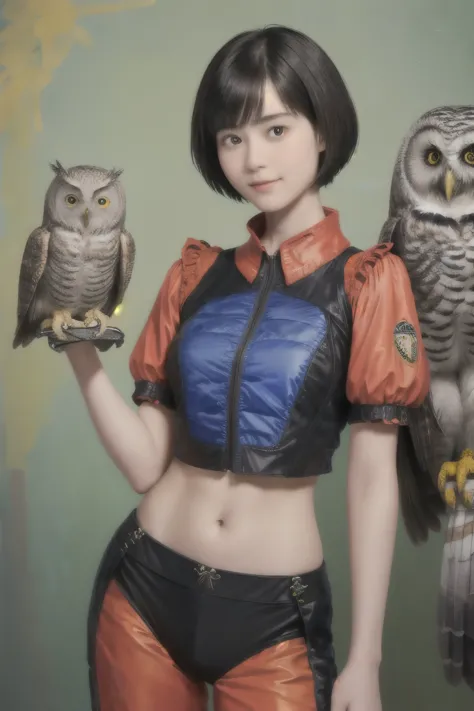 224 short hair, 20-year-old woman, a kind smile, (there are also colorful owls), (rembrandt-style painting), ((machinery suit,cl...