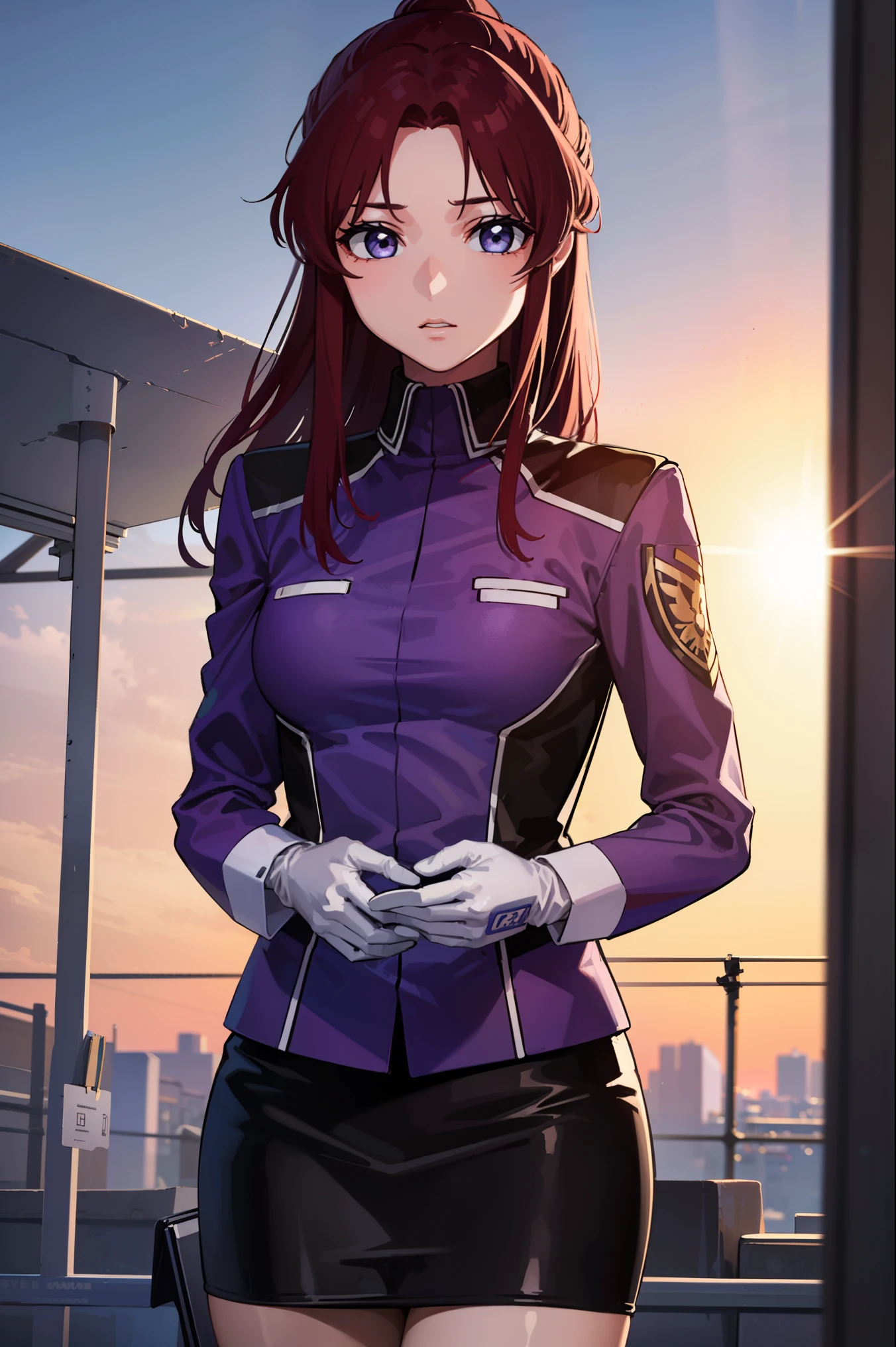 flayallster, flay allster, long hair, (purple eyes:1.1), red hair, medium hair, (parted bangs:1.5), ponytail,
BREAK skirt, gloves, jacket, white gloves, black skirt, uniform, military, military uniform, side slit, pencil skirt,
BREAK looking at viewer, (cowboy shot:1.5),
BREAK outdoors, space, star \(sky\), sun, 
BREAK (masterpiece:1.2), best quality, high resolution, unity 8k wallpaper, (illustration:0.8), (beautiful detailed eyes:1.6), extremely detailed face, perfect lighting, extremely detailed CG, (perfect hands, perfect anatomy),