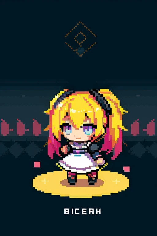 (pixel),(isometric view:1.4),solo,1girl\(cute, kawaii,small kid,smile,hair floating,hair color half black and half white,pigtail hair,pale skin,eye color cosmic,eyes shining,big eyes,damaged clothes,heavy metal costume,smirk\),background\(simple\), BREAK ,quality\(8k,wallpaper of extremely detailed CG unit, ​masterpiece,hight resolution,top-quality,top-quality real texture skin,hyper realisitic,increase the resolution,RAW photos,best qualtiy,highly detailed,the wallpaper,cinematic lighting,ray trace,golden ratio\),dynamic pose,dynamic angle,