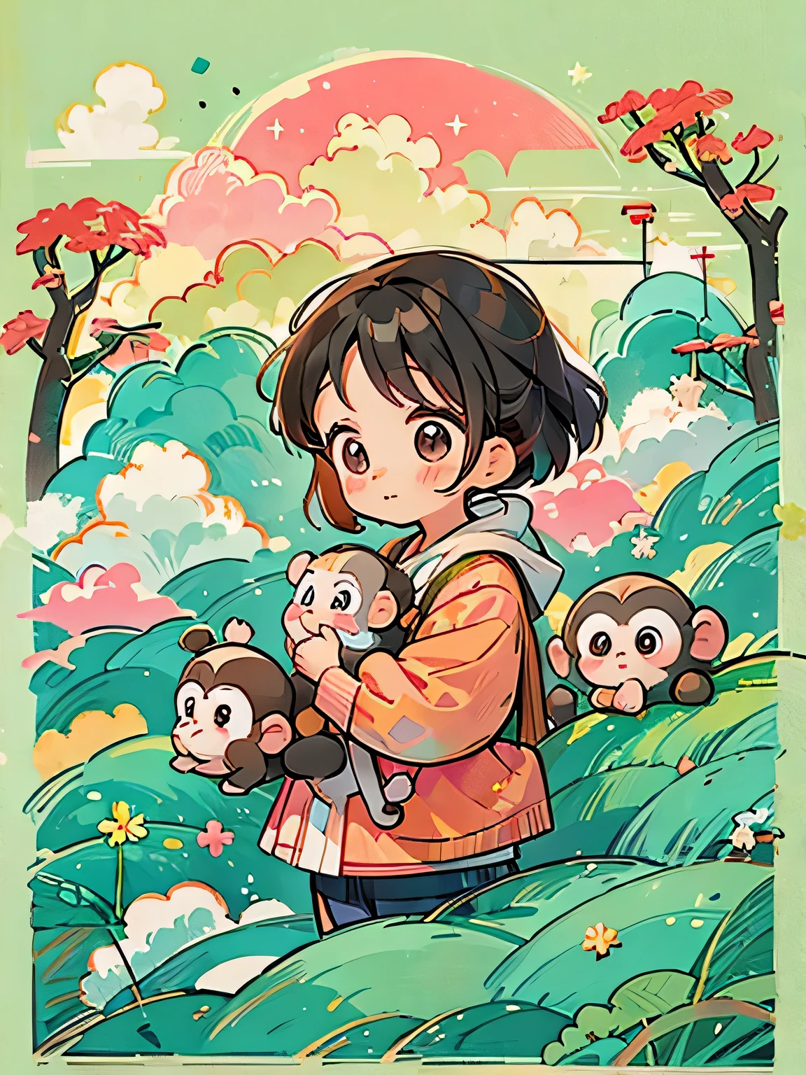 Estilo Momoko Sakura, Diseño Kawaii, mono niña chibi, bosque de monos, Sobre las nubes, cargandote