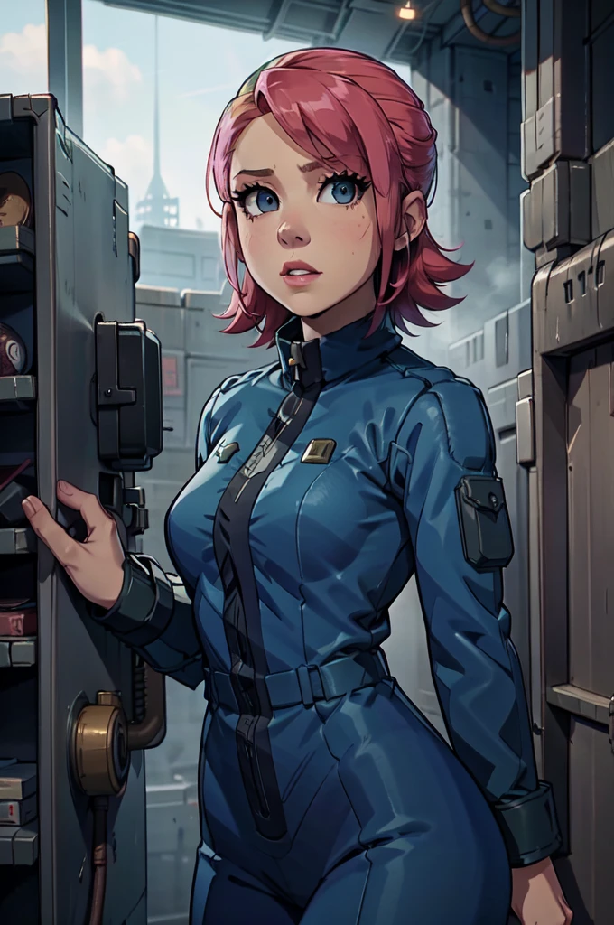 Mayl Sakurai reimagined as a vault dweller, doing maintenance in an underground vault. Her vibrant pink hair stands out against the dimly lit environment. She is a 26-year-old woman dressed in a vault dweller jumpsuit, indicative of her role in the post-apocalyptic world. The jumpsuit is worn but still functional, reflecting the harsh conditions of life underground. Her face is beautifully detailed, with expressive eyes that convey determination and intelligence. Her lips are also well-defined, adding to her overall allure.

In the vault, Mayl Sakurai is seen operating a pipboy, a wrist-worn device that serves as an essential tool and information hub for survival in the vault. The pipboy's screen emits a soft glow, illuminating Mayl's face and casting a subtle green hue on the surroundings. The details on the pipboy, from its buttons to its display, are extremely detailed, showcasing its futuristic design.

The underground vault is filled with mechanical equipment and pipes, emphasizing the importance of maintenance in this post-apocalyptic world. The atmosphere is gritty and industrial, with a hint of mystery and danger. The lighting is dim and has a hint of blue tones, enhancing the underground ambiance.

Despite the grim surroundings, Mayl Sakurai exudes confidence and strength as she jumps into action, ready to fulfill her duties as a vault dweller. Her posture and expression suggest that she is prepared to face any challenge that comes her way.

The image quality should be at its best, with 4K resolution and ultra-detailed rendering, capturing every intricate detail of the scene. The colors should be vivid, emphasizing the contrast between Mayl's vibrant pink hair and the dimly lit environment. The overall style should lean towards a post-apocalyptic concept art aesthetic, blending realism with a touch of fantasy.

In summary, the Stable Diffusion prompt for the provided theme would be:
Mayl Sakurai reimagined as a vault dweller, doing maintenance in an undergr