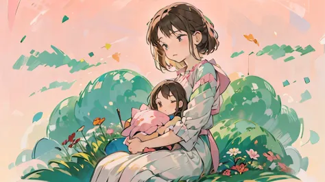 Carnation, mother holding a child, pink background.