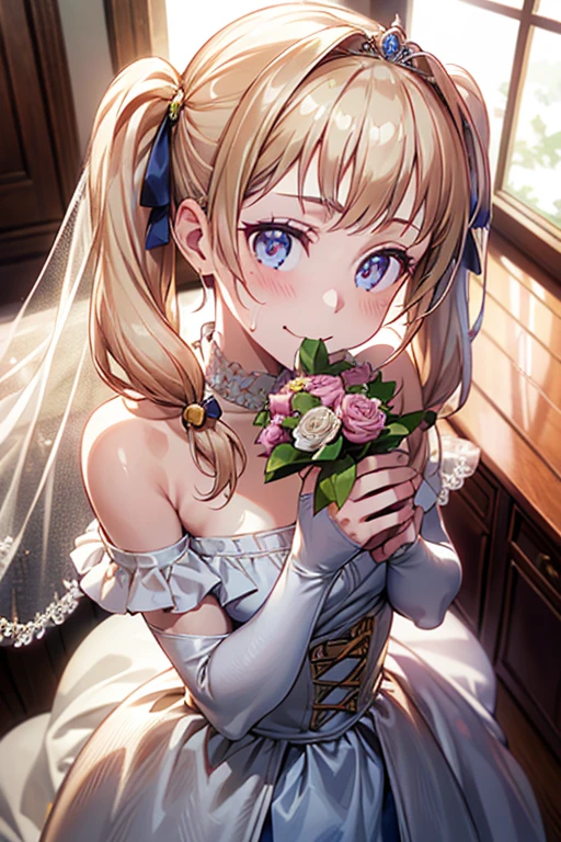 (from above:1.2),(from side:0.9), ((Face)), (Close-Up:1.0), ((looking at viewer, holding a bouquet to his mouth)), highest quality、(real、photorealistic:1.4)、(RAW photo:1.2)、very detailed CG unity 8k wallpaper, delicate and beautiful, wonderful, Fine detail, official art, huge file size, Ultra-detailed, very detailed girl, very detailed eyes and face, Bright on the face、(20 age girl:1.0)、small smile, smiling, (twintail hair:1.25), hair between eyes, hair twintails, (long hair:1.25), tiara,ruany,off-shoulder dress,pearl ,(gemstone),tiara,veil,wedding dress, wedding necklace, wedding long gloves, (luxurious bouquet), chapel, Stained glass,(best quality, highres, masterpiece:1.2), ultra-detailed, (realistic:1.37) illustration, erotic style, soft lighting, sweat glistening on her body, gentle warmth, mysterious, small breast,narrow waist,(with sparkling eyes and a contagious smile),her thin pubic hair, looking at viewer, 