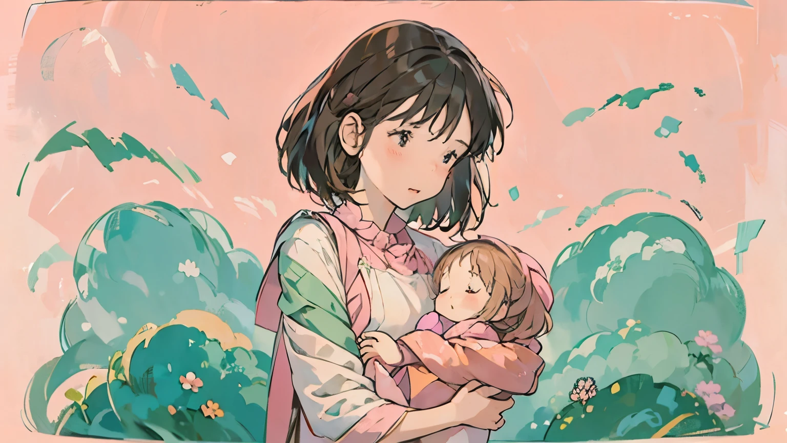 clavel, madre sosteniendo un niño, fondo rosa.