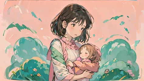 Carnation, mother holding a child, pink background.