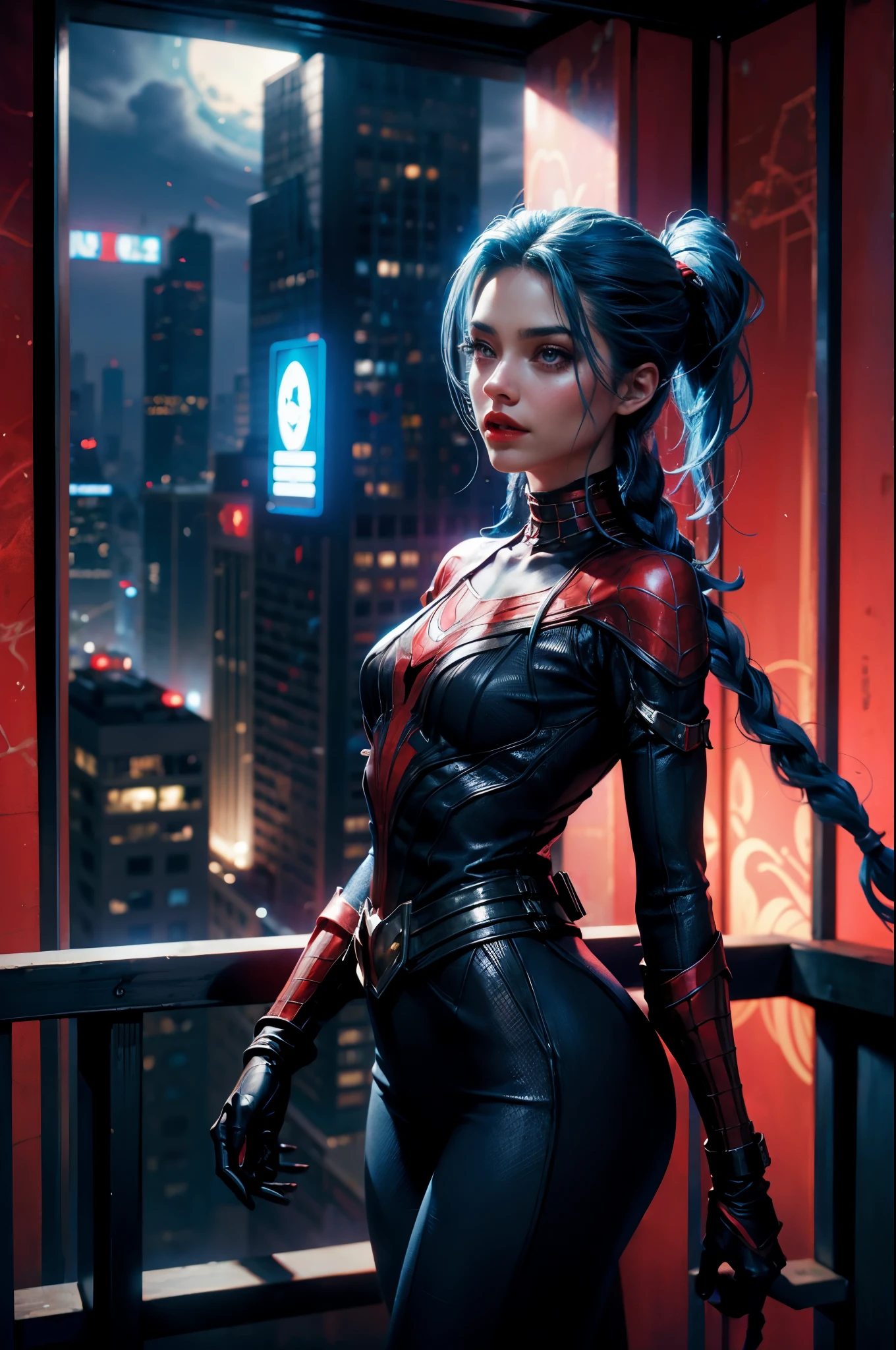 traje azul y rojo de spider man. Jinx en metropolis, de noche. en un super edificio alto, con traje de super heroe, spider woman
