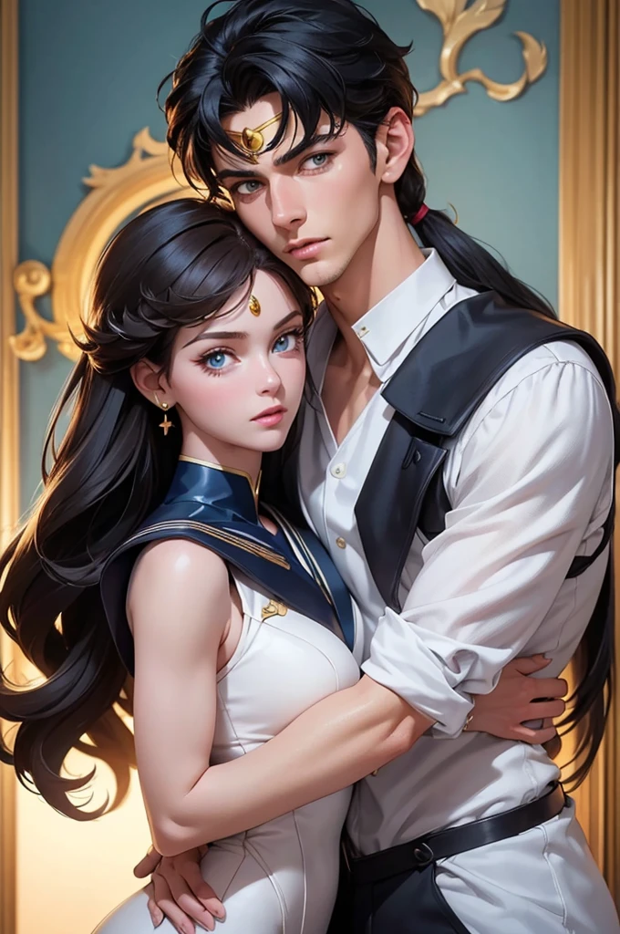 A tall, handsome young man with dark hair, blue eyes, long black hair tied in a ponytail at the back of his head, he hugs a very beautiful young blonde woman with very short wheat-colored hair. Masterpiece, detailed study of the face, beautiful face, beautiful facial features, perfect image, realistic shots, detailed study of faces, full-length image, 8k, detailed image. an extremely detailed illustration, a real masterpiece of the highest quality, with careful drawing.,SailorStarFighter, sailor uranus, long hair