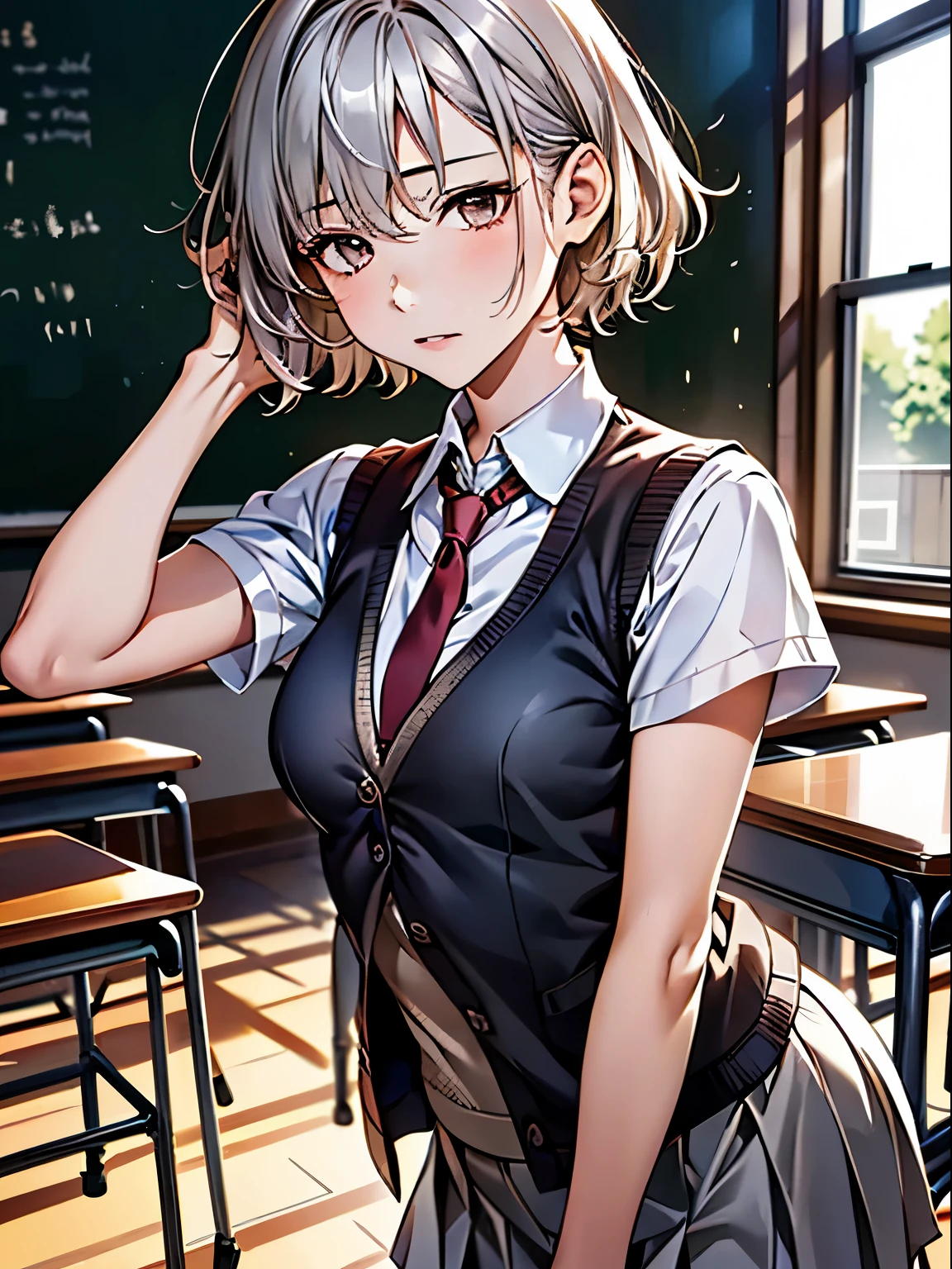 ((highest quality)),(超A high resolution),(Very detailed),(Detailed Description),((The best CG)),(masterpiece),Ultra-detailed art, ((High-quality fabric, Light brown cardigan vest:1.4, Light grey pleated skirt, Short sleeve shirt with white collar:1.6, Dark red tie)), (short hair, Silver Hair:1.3, Small eyes:1.4), after school, School classroom, blackboard, machine, (Medium breast:1.5)