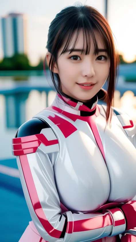 25 year old woman wearing a sexy pink and white shiny skin tight hero suit:1.5, highest quality, high resolution, 8k, one girl, ...