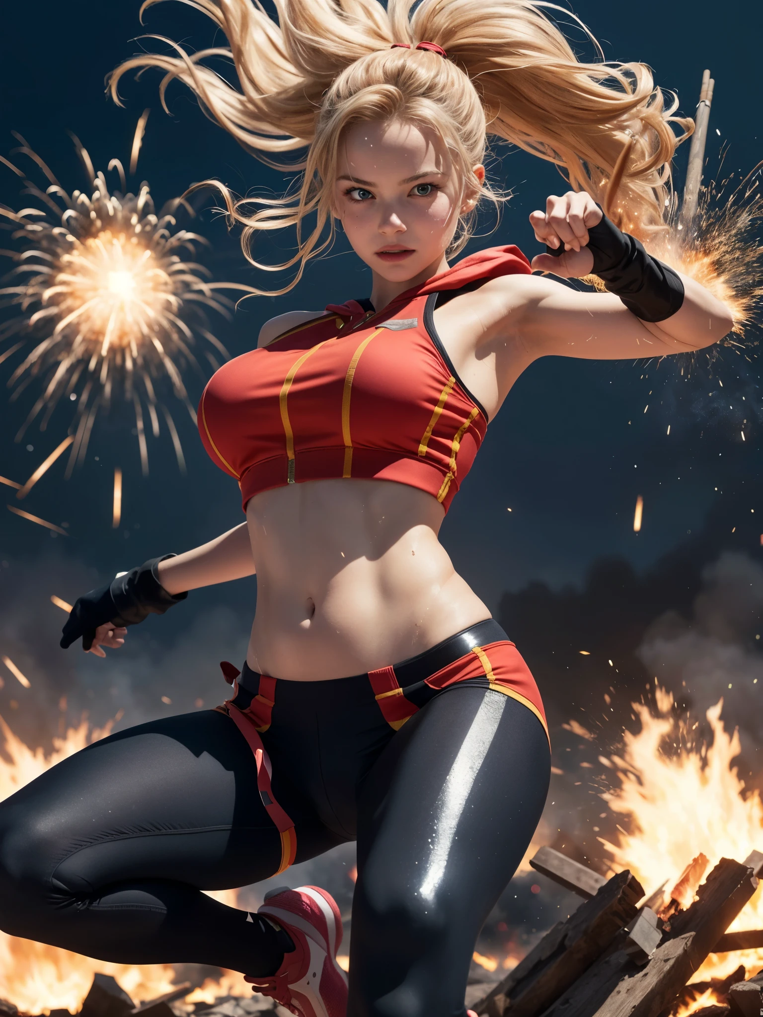 girl in the middle of explosions, BREAK, 1girl, (windswept floating hair:1.2), looking at viewer, (explosion:1.2), fire particles, navel, crop top hoodie, glowing fire, best quality, (realism:1.4), cinematic, (erotic expression:1.2), lusterous satin texture, super sentai heroine, dust, debris, (jump pose:1.4), (sweat, shiny skin:1.2), (gigantic breasts), (13yo, cute:1.3), 