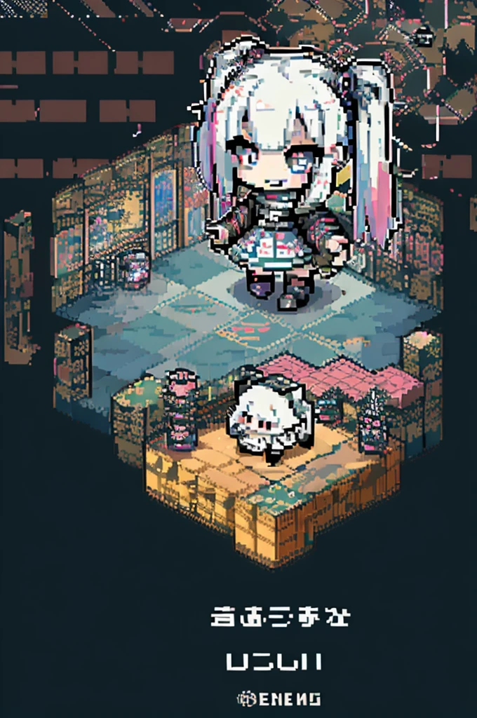 (pixel1.4),(isometric view:1.8),solo,(1female\(cute, kawaii,small kid,smile,hair floating,hair color half black and half white,pigtail hair,pale skin,eye color cosmic,eyes shining,big eyes,damaged clothes,heavy metal costume,smirk\):1.4),background\(simple\), BREAK ,quality\(8k,wallpaper of extremely detailed CG unit, ​masterpiece,hight resolution,top-quality,top-quality real texture skin,hyper realisitic,increase the resolution,RAW photos,best qualtiy,highly detailed,the wallpaper,cinematic lighting,ray trace,golden ratio\),dynamic pose,dynamic angle,