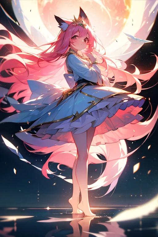 (best quality1.4)++, (masterpiece1.4)++, (detailed1.4)+, 1girl, cute face, fox girl, ice queen, (long pink hair)+, elegant, royal, cute, barefoot, detailed pink jacket, cute multilayered skirt, gold jewelry, full body shot, natural lighting, soft lighting, dramatic lighting, highly detailed, unreal engine, bokeh, 8k uhd, raytracing, lumen reflections, volumetric fog, Digital art, character design, concept art, divine, celestial, featured on pixiv, epic composition