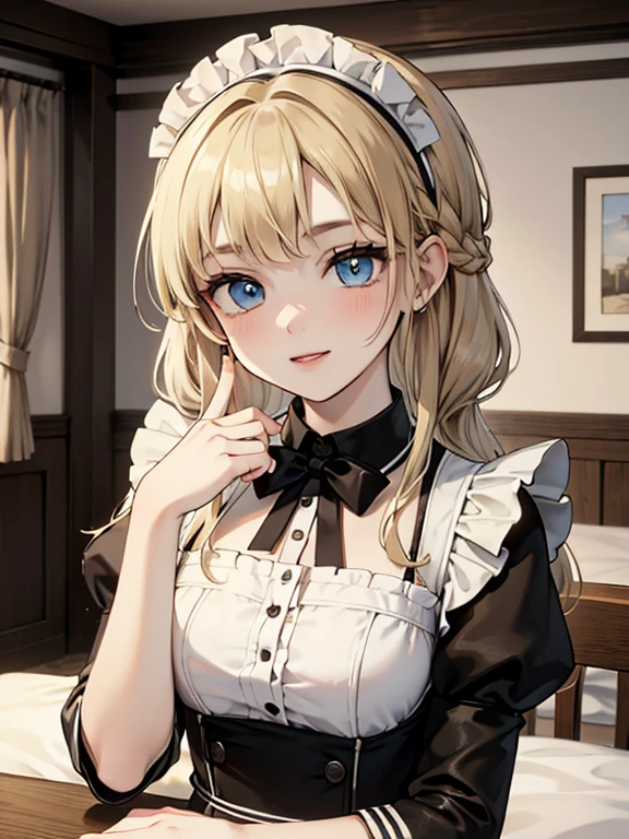 (8k, highest quality, Tabletop:1.2)、Ultra-high resolution, One 14-year-old girl, Perfect Fingers, Detailed face, blue eyes, Blonde, Braid, Long Hair, Black maid outfit,  Inside the castle, Bedroom、Making the bed