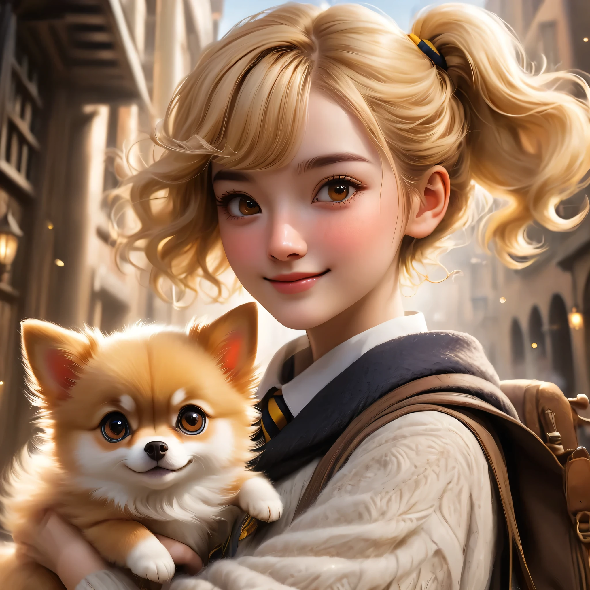 best quality, realistic, sharp, Masterpiece, Hogwarts students, Hufflepuff, Short hair with high twin tails., Short hair with golden blonde twin tails., serious, smile, Very naughty, cute and bright, freckles on face, freckles, holding a magic wand,In Diagon Alley, along with her adorable Pomeranian dog, detailed brown eyes, detailed face, Fine skin, soft light, mysterious, soft shadow, detailed texture, dynamic light,